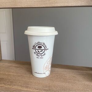 The Coffee Bean & TeaLeaf White Ceramic Travel Mug w/Lid Minimalist Neutral 12oz